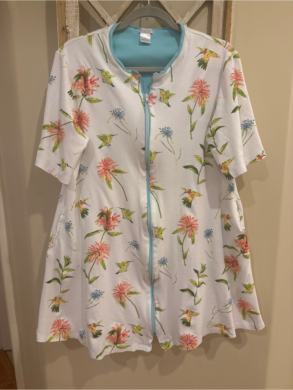 Pima Cotton Zip-Front Nightshirt Robe Gown Housecoat with floral bird Print